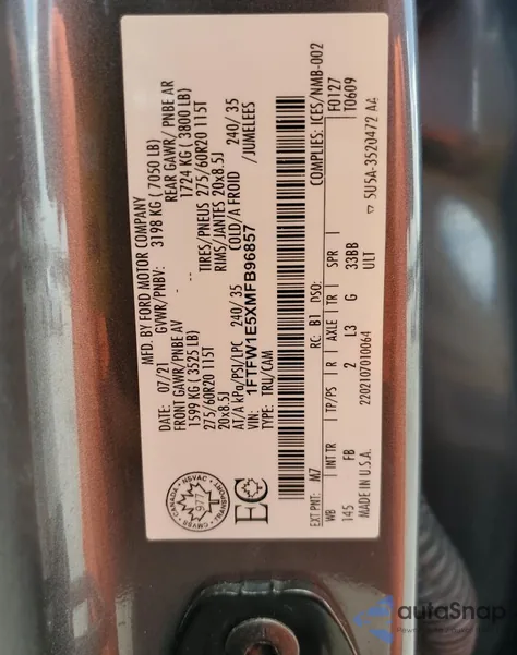 2021 Ford F150 Supercrew z USA, uszkodzony, nr VIN 1FTFW1E5XMFB96857